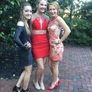 Dress, red and nude lace